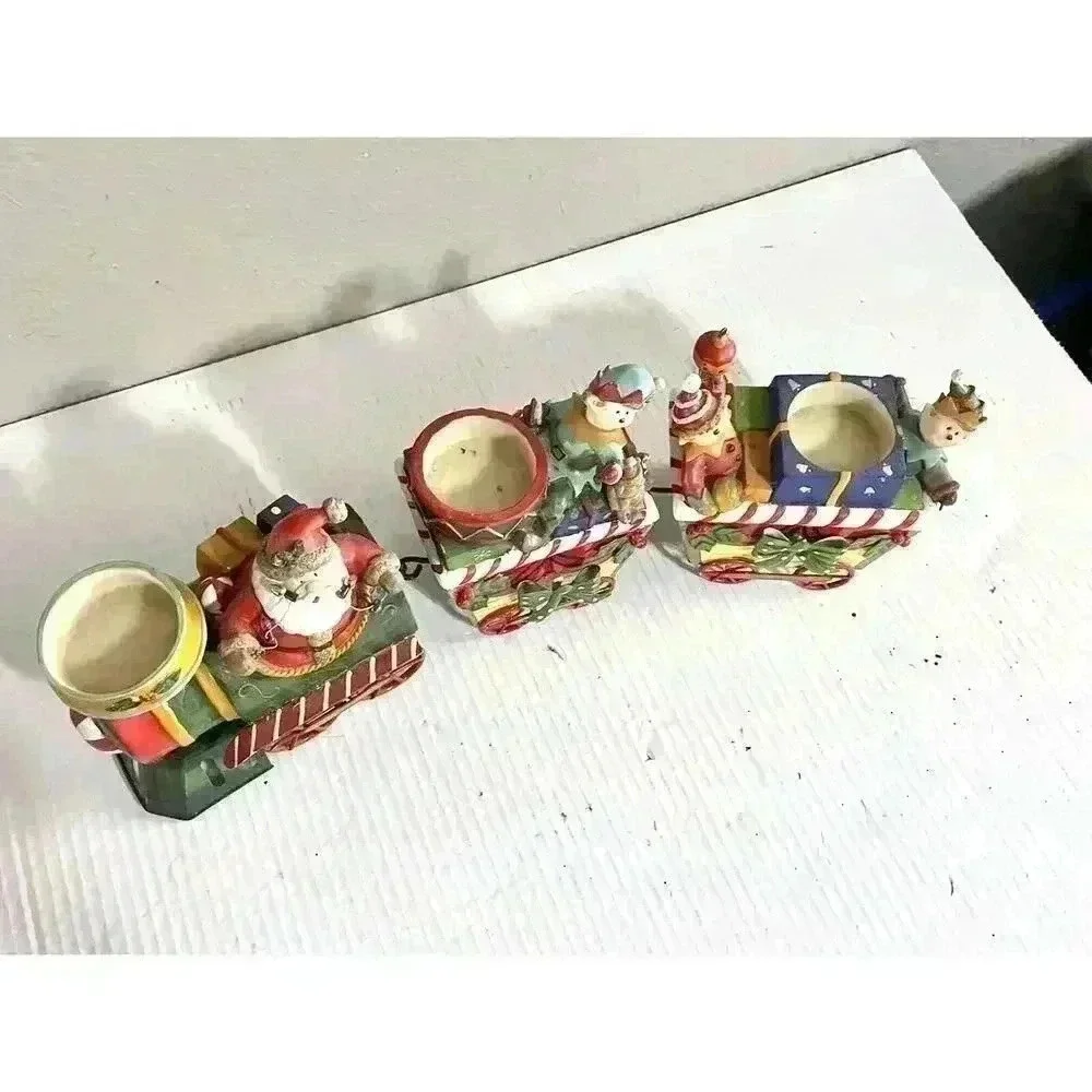 Home Interiors & Gifts Christmas Train Candle Holder Santa Elves 3 Piece VINTAGE